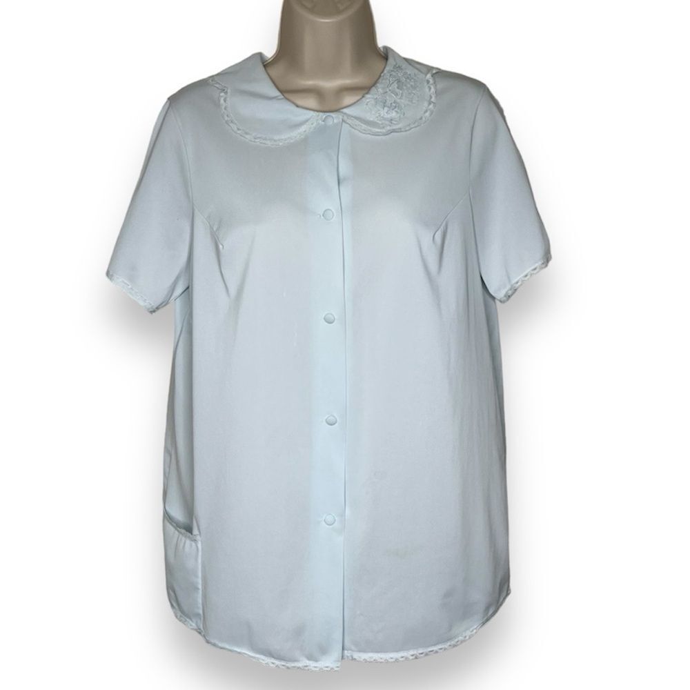 Vintage 80s Shadowline Pajama Top Light Blue Lace Trim Button Up Women Medium